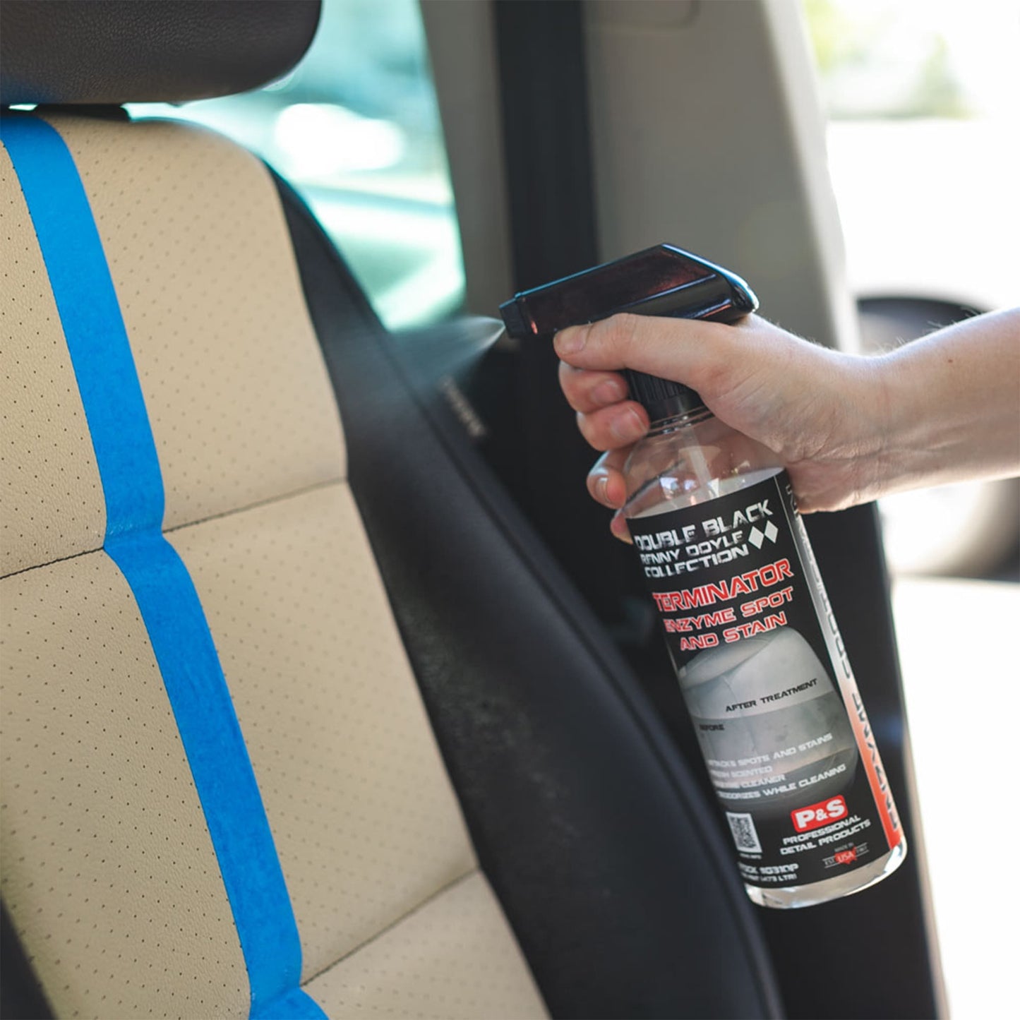 Detailer using P&S Terminator on car interior fabric