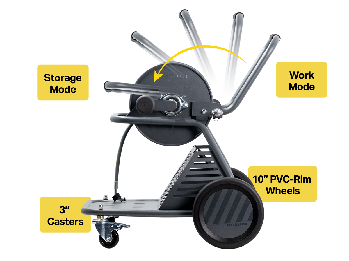 Active Wash Cart folding handle between Work Mode and Storage Mode with 10-inch wheels and 3-inch locking casters