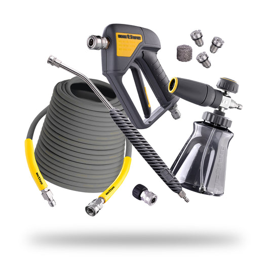 ACTIVE Premium Accessory Kit with 15 m grey pressure washer hose, swivel trigger gun, lance, foam cannon, mesh filter and M22-14 mm to 3/8" quick-connect adapter