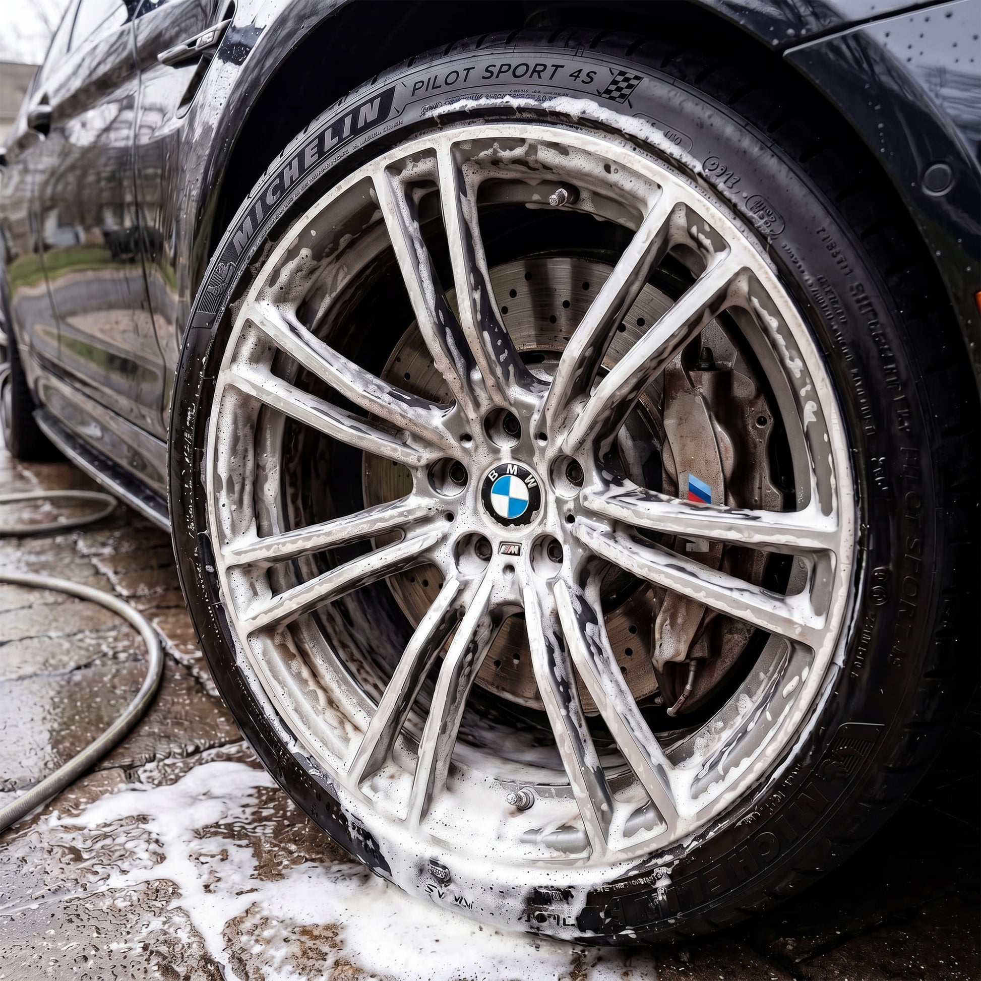 Brake Buster foam dwelling on alloy wheel before rinse